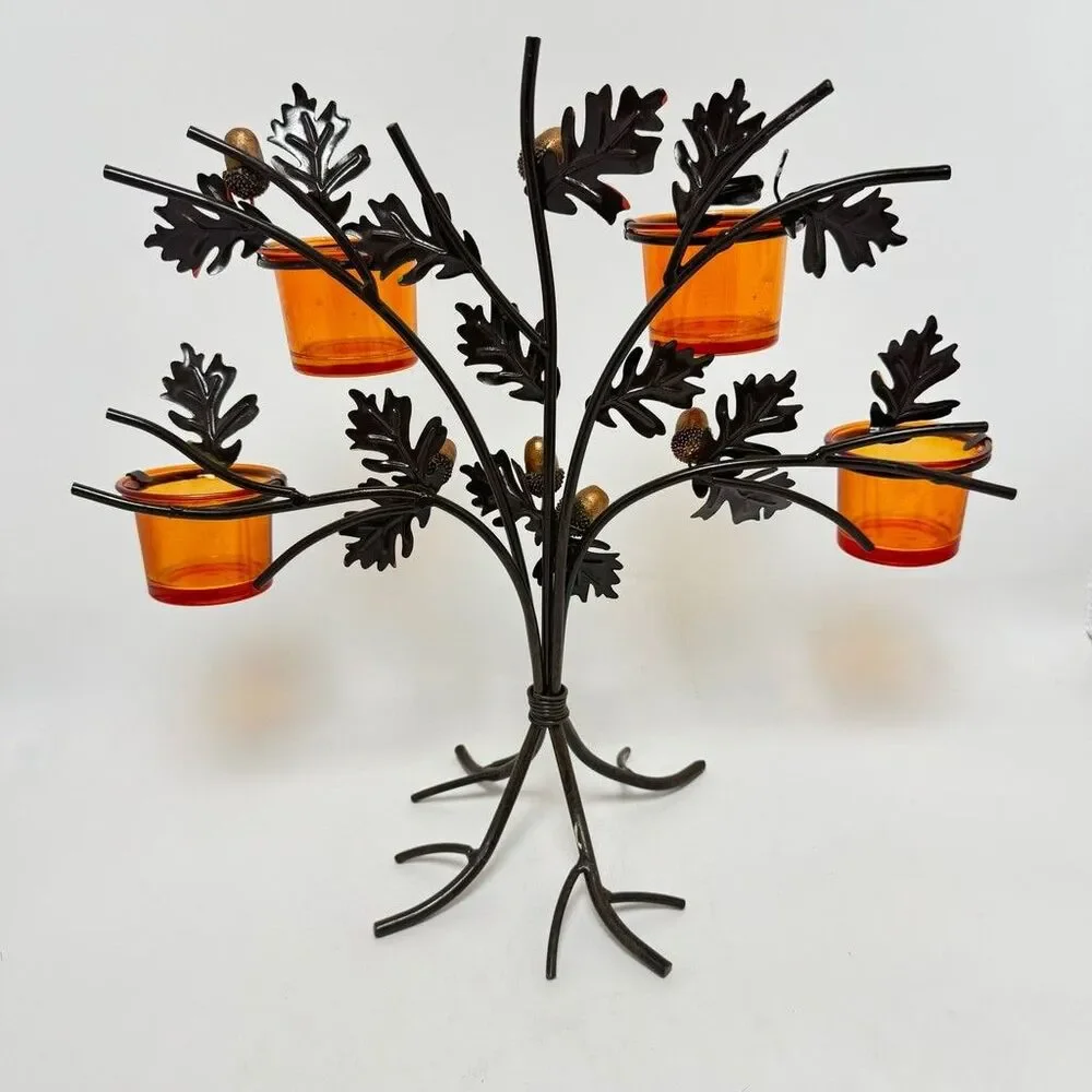 Metal Tree Votives Candle Holder With Orange Glass And Acorn Details